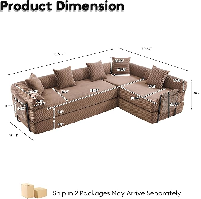 106.3 Oversized L Shaped Convertible Sleeper Sofa Bed Corduroy Modular Folding Sectional Sofa with Cylindrical Pillow &amp Storage Bags Modern Floor Mattress Couch for Living Room Brown