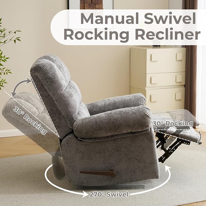 Oversized Swivel Rocker Recliner with Heat and Massage Comfy Rocking Chair Overstuffed Rocker ReclinerWide Manual Recliners for Living RoomGrey