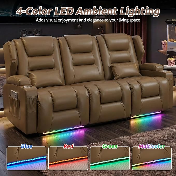 SAMERY Loveseat Recliner Sofa Power Reclining Loveseat Sofa Wall Hugger Recliners RV Couch with Flip-Backrest Solid Wood Top Ambient LED Lights USB-C Outlets Faux Leather Khaki | Extra Wide Se