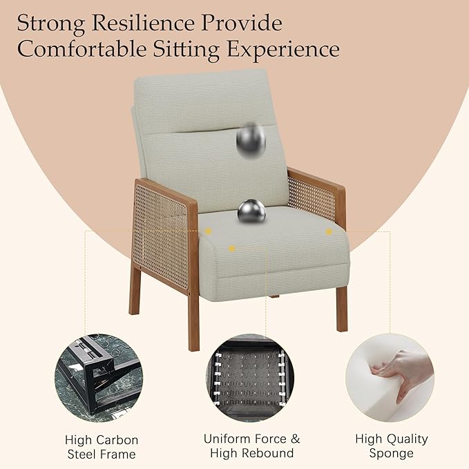 Andeworld Ivory Accent Chairs Set of 2Upholstered Modern Living Room Chairs with Natural Rattan ArmSide Chair for Bedroom Club Balcony Reception Room
