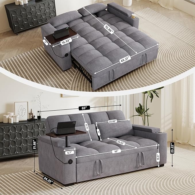 65'' Sleeper Sofa with Pull Out Bed 3 in 1 Convertible Sofa with Cup Holder and Storage Armrests Corduroy Loveseat with Swivel Table Adjustable Backrest &amp Charging Ports for Living Room Purple
