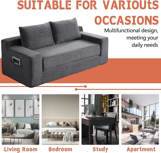 73“ Boneless Loveseat Couch 2 in 1 Pull Out Sleeper Sofa with Side Pockets &amp 2 Pillows Folding Convertible Corduroy Floor Couch for Apartment Living Room Bedroom No Assembly(Grey)