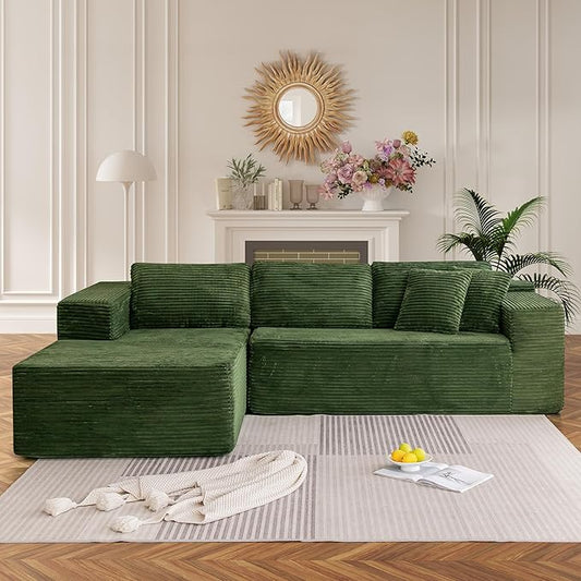 HOMREST 106 Cloud Sectional Couch with Chaise Lounge L-Shape Modular Sectional Boneless Sofa with Deep Seat Upholstered Couches for Living Room Bedroom No Assemble Green (Plush Corduroy Fabric)