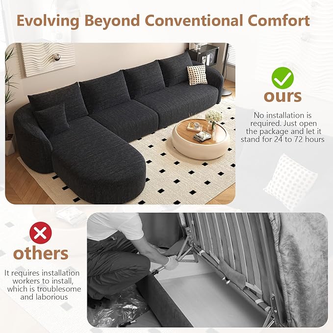 138.6 L Shaped Modern Modular Sectional Curved Back Sofa Minimalist Style Comfy Cloud Couch for Living Room Apartment No Assembly Required Boneless Couches (BlackLeft Facing Chaise)