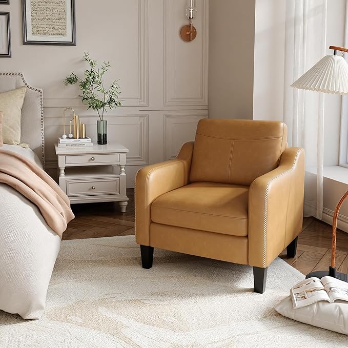 PU Leather Accent Chair Set of 2 Mid-Century Modern Living Room Armchair Sofa with Removable Cushions Solid Wood Frame &amp Stitched Armrest Design Bedroom Chair with Plastic Legs Brown
