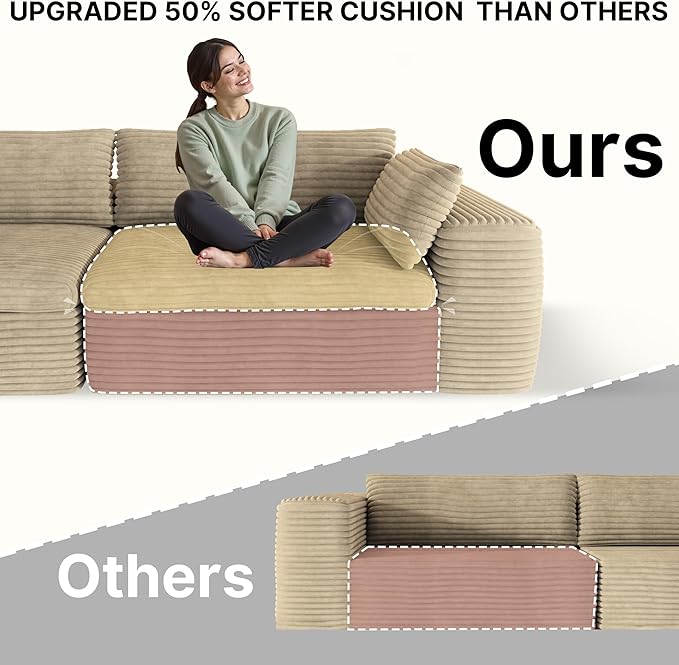 110 Sectional Couches for Living RoomOversized Boneless 3 Seater Cloud L Shaped CouchPlush Corduroy Sofa with OttomanNo Assembly RequiredBeige.