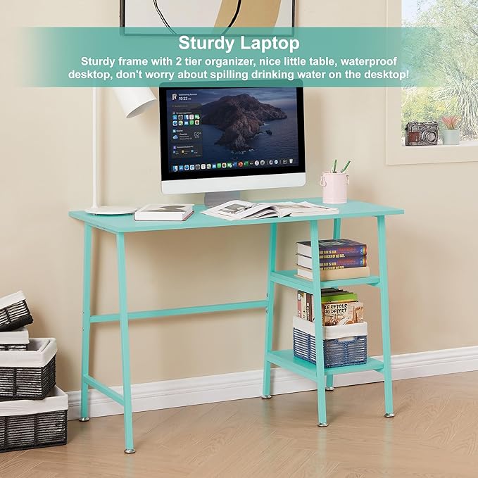 VECELO 43.1 Inch Computer Desk Home Office Blue Study Desk Work Office Table with Shelves Wooden Desk for Bedroom 2 Set