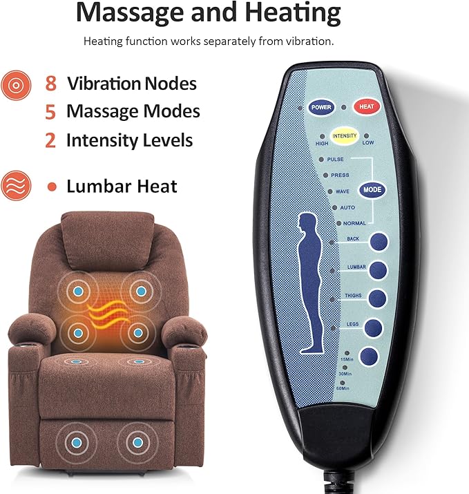 MCombo Power Lift Recliner Chair for Elderly Lift Chair with Heat and Massage FSC Certified USB&ampType C Ports Cup Holders Fabric 7040 (MediumCoffee)