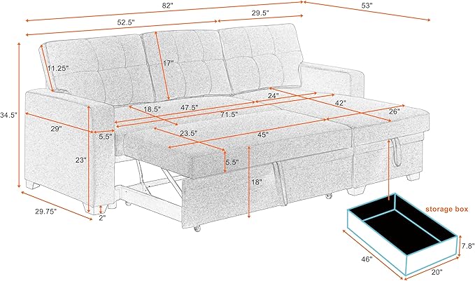 ERYE 82-inch Pull Out Sleeper Couch Bed L-Shaped Reversible Sleeper Sectional Sofa Faux Leather Tufted Upholstered Corner Convertible Sofa Bed with Storage Chaise