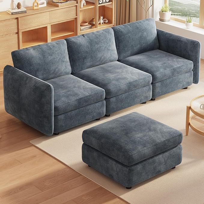Guyii L Shaped Modern Sofa for 4 People Modular Sectional Couch with Storage Ottoman 4 Seater Sofa for Living Room Bedroom Apartment Office Easy Assemble Blue