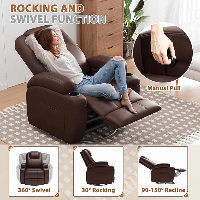 Flamaker Swivel Rocker Recliner Chair with Vibration Massage 360° Swivel Recliner Chairs for Adults Ergonomic Lounge Chair with Cup Holders Lazy Boy Recliner Single Sofa Seat (Leather Brown)