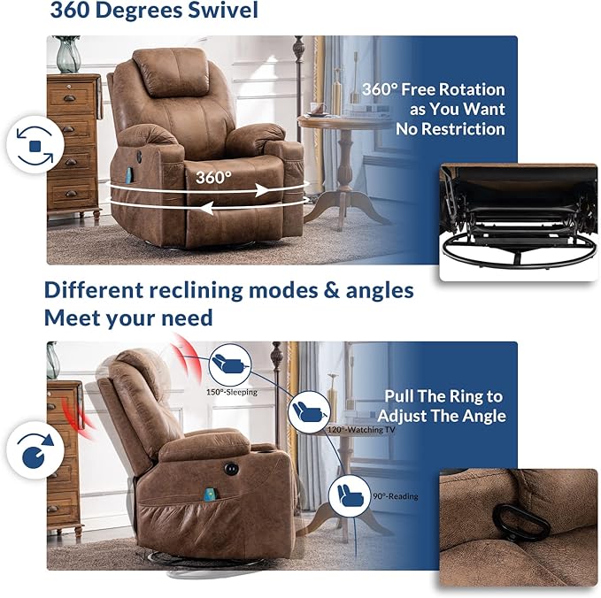 Manual Swivel Glider Rocker Recliner Chair with Heated Massage Ergonomic Lounge 360 Degree Swivel Sofa Seat with 2 Cup Holders Side Pockets &amp USB Ports for Living Room Brown