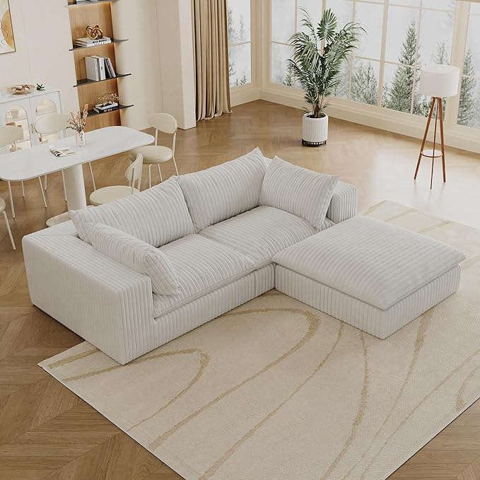78.8 Modular Cloud Couch L Shaped Boneless Sectional Sofa with 1 Ottoman &amp 2 Deep Seat No Assembly Required Corduroy Soft Sectional Couches for Living Room Bedroom White