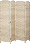 HOMCOM Room Divider 6 Ft 4 Panel Folding Privacy Screen Hand-Woven PP Wall Partition with Pine Wood Frame Freestanding Room Separator for Bedroom Home Office No Assembly Washed Oak