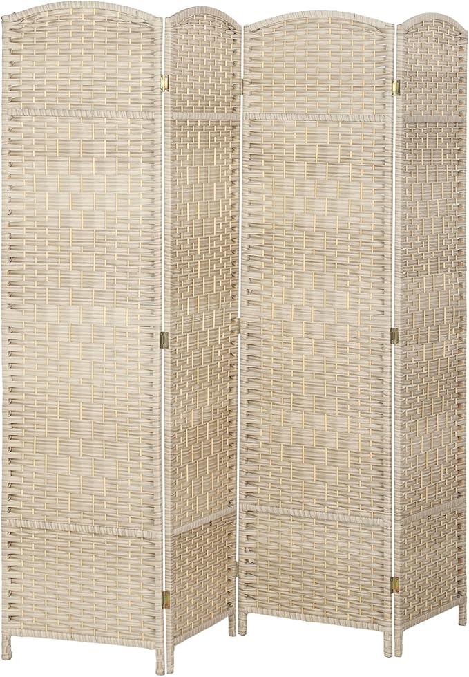HOMCOM Room Divider 6 Ft 4 Panel Folding Privacy Screen Hand-Woven PP Wall Partition with Pine Wood Frame Freestanding Room Separator for Bedroom Home Office No Assembly Washed Oak