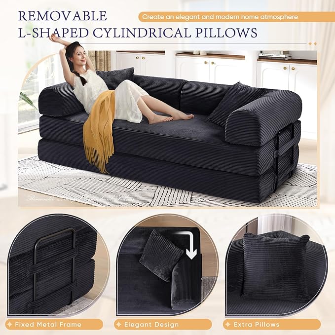 Convertible Folding Sofa Bed Corduroy Sleeper Mattress Couch with Fixed-Shape Frame Free Combination Loveseat Lounge Floor Sofa Queen Size Memory Foam Couch for Living Room Bedroom Black