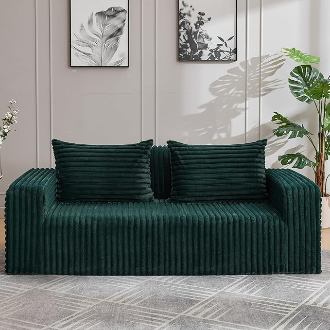 Boneless Couch Sofa 2-Seater Foam Sofa Love Seat Furry with 2 Pillows &amp 2 Side Pockets for Living Room (Green)