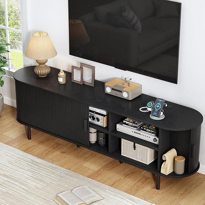 70.8 TV Stand with Power Outlet Mid-Century Modern Television Stand Fluted Media Console with Sliding Doors Entertainment Center for TVs up to 60 Inch Adjustable Shelves Black