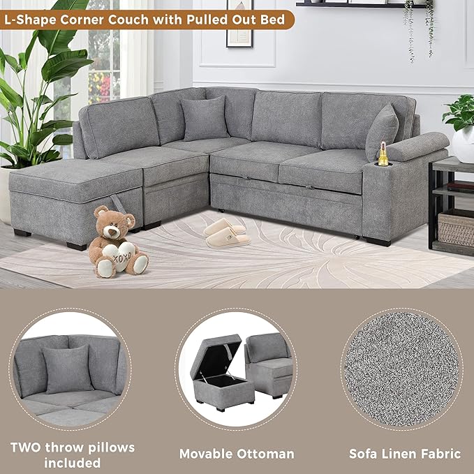 Linen L-shape Reversible Sleeper Sectional Sofa Couch with Storage Ottoman 2 in 1 Pull Out Convertible Sofa Bed with Cup Holders and USB Charging Port for Living Room Apartment Office (Grey-LI)