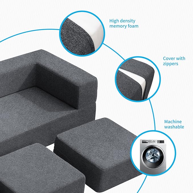 Mjkone Queen Convertible Velvet Futon Sofa Bed with 3 Ottomans Memory Foam Fold Out Couch Bed Foldable Floor Sofa Guest Sleeper for Living RoomDark Grey