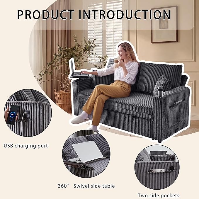 65'' Convertible Sofa Bed3-in-1 Pull Out Couch with USB Charging Port &amp Swivel Side TableCorduroy Fabric Loveseat Sleeper Couches with Adjustable Backrest for Living RoomEasy AssemblyGrey