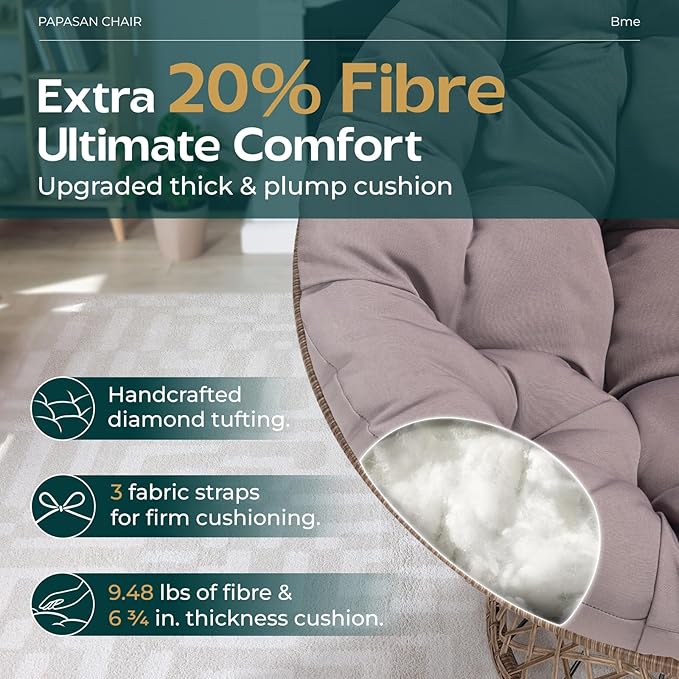 Bme 40 Ergonomic Wicker Papasan Chair with Soft Thick Density Fabric Cushion High Capacity Steel Frame 360 Degree Swivel for Living Bedroom Reading Room Lounge
