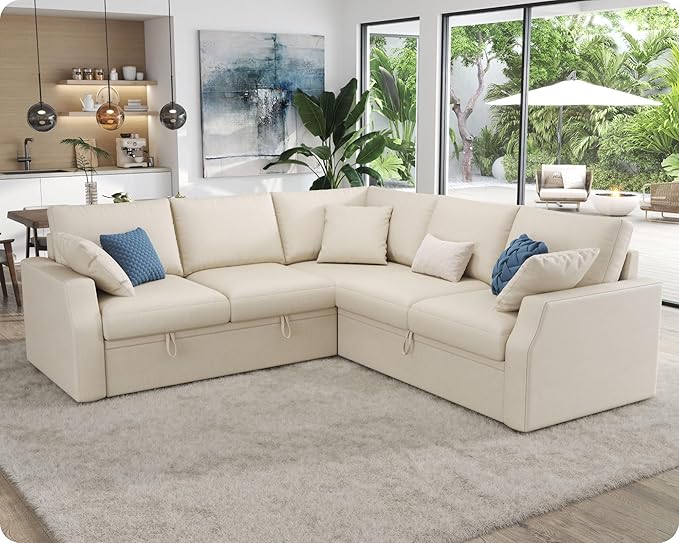 VanAcc Sofa Bed 85 Inch Sleeper Couch with Storage Seat L Shaped Sofa with Pull Out Sofa Bed Sectional Couches for Living Room Apartment Beige Linen Couch Sofa