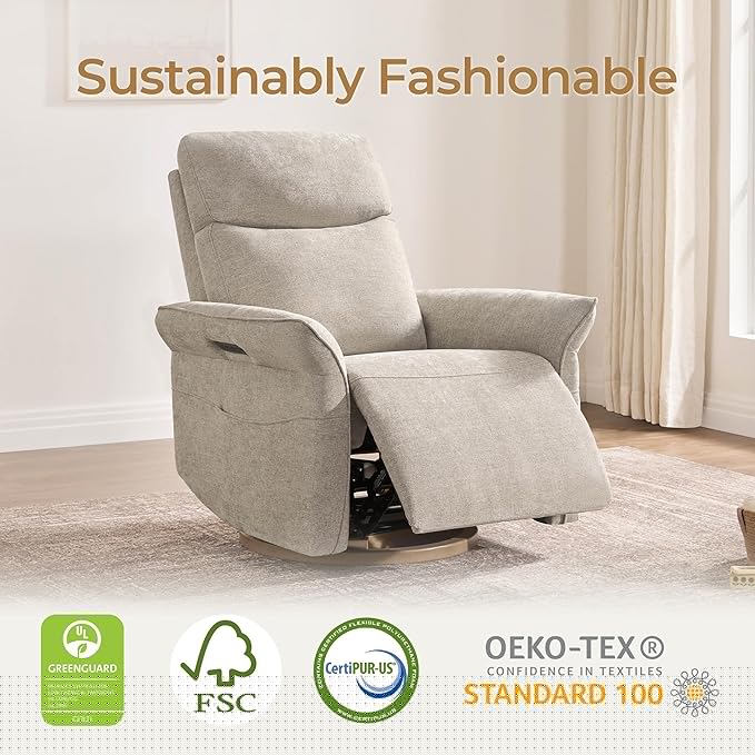 CHITA Power Recliner Chair Electric Triple-Motor Swivel Glider Nursery Rocking Chair with Adjustable Power Headrest and Lumbar Support GREENGARD Gold Certified Solid Wood Base Khaki Grey