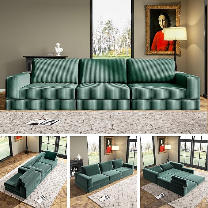 106 Convertible Sofa Bed Cloud Modular Sectional Sofa Modern Deep Seat Folding Sofa for Living Room Bedroom No Assembly Required Corduroy Fabric Flexible Configurations