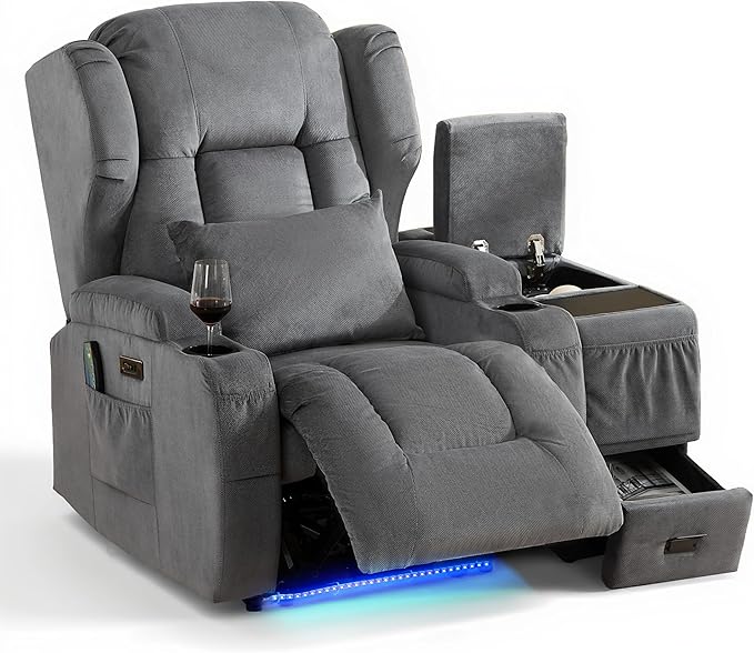 DRMBOOK Power Recliner Chair Electric Wall Hugger Reclining Sofa with Massage &amp Heat Overstuffed Theater Seating with LED/USB Port/Cup Holders for Living Room (Linen Grey 1 Chair with Console)