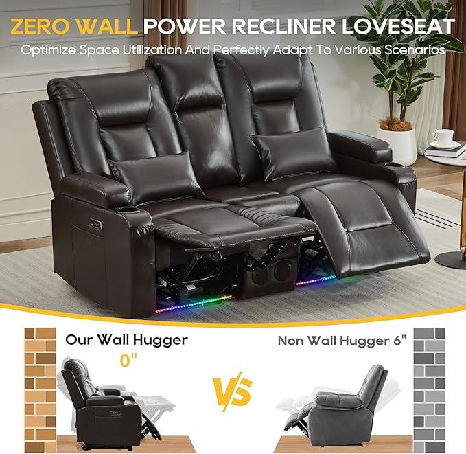 IPKIG Power Recliner Loveseat with Console Zero Wall Hugger Sofa Couch PU Leather 2-Seater Sofa with LED Lights AC Outlets USB Ports Brown | Storage Drawer Bluetooth Speaker Living Room Chair