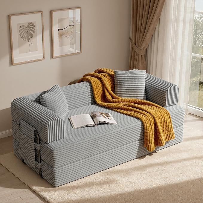 Convertible Coarser Corduroy Sleeper Sofa Bed with Cylindrical Pillow Folding Mattress Couch with Fixed-Shape Frame Floor Sofa Lounge Couch for Living Room Bedroom Lounge Studio Grey