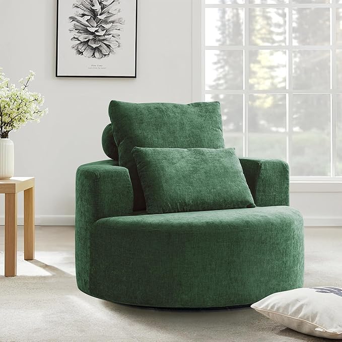 Furnimart 40 Oversized Barrel Accent Chair Set of 2 360° Swivel Round Upholstered Sofa Chenille High-Resilience Sponge No Assembly Wide Seat for Living Room Bedroom Apartment (Green)
