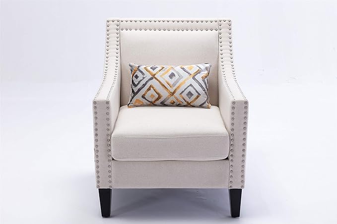 Accent Armchair Living Room Chair with Nailheads and Solid Wood Legs Beige Linen