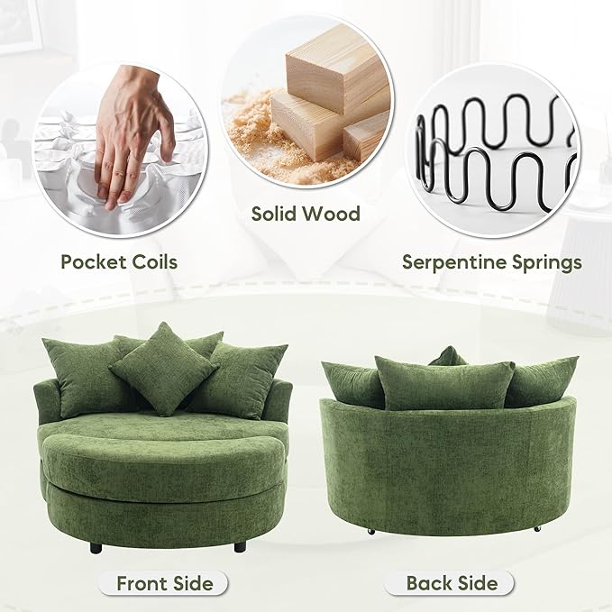 Yoglad Oversized Round Swivel Accent Chair - Modern 360 Degree Barrel Chairs with Storage Ottoman for Living Room Bedroom(Chenille - Green)