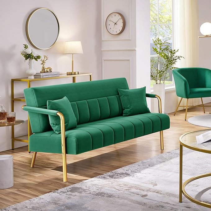 Yaheetech 56.5 W Modern Sofa Small Sofa Luxurious Velvet Fabric Couch with Gold-Tone Metal Arms and Legs for Living Room Home Office Studio Green