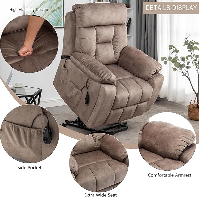 Power Lift Recliner Chair with Massage and Heating FunctionsVelvet Sofa with 2 Remote Controls and Two Cup HoldersRecline up to 160 DegreesSuitable for Living Room
