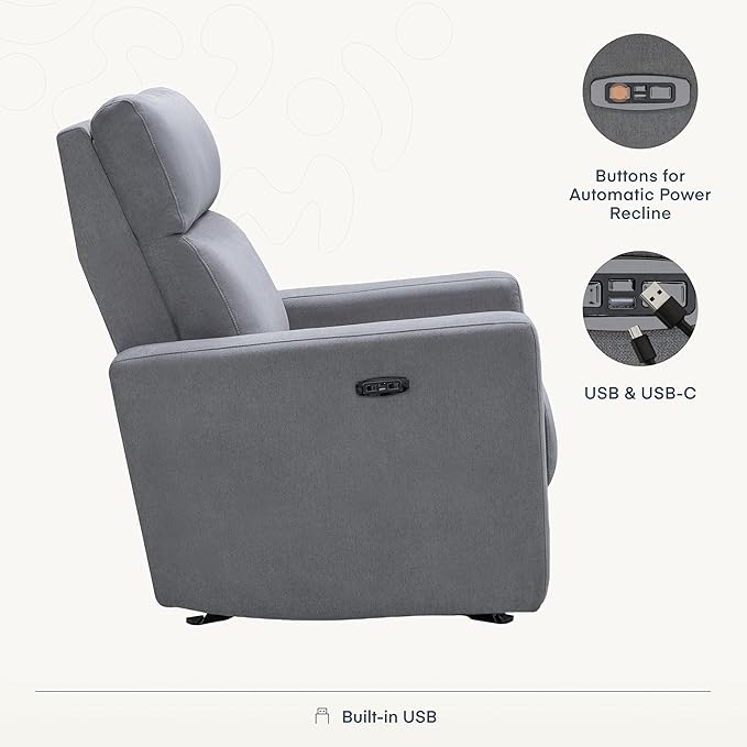 Nurture&amp The Glider Premium Power Recliner Nursery Glider Chair with Adjustable Head Support | Designed with a Thoughtful Combination of Function and Comfort | Built-in USB Charger (Gray)