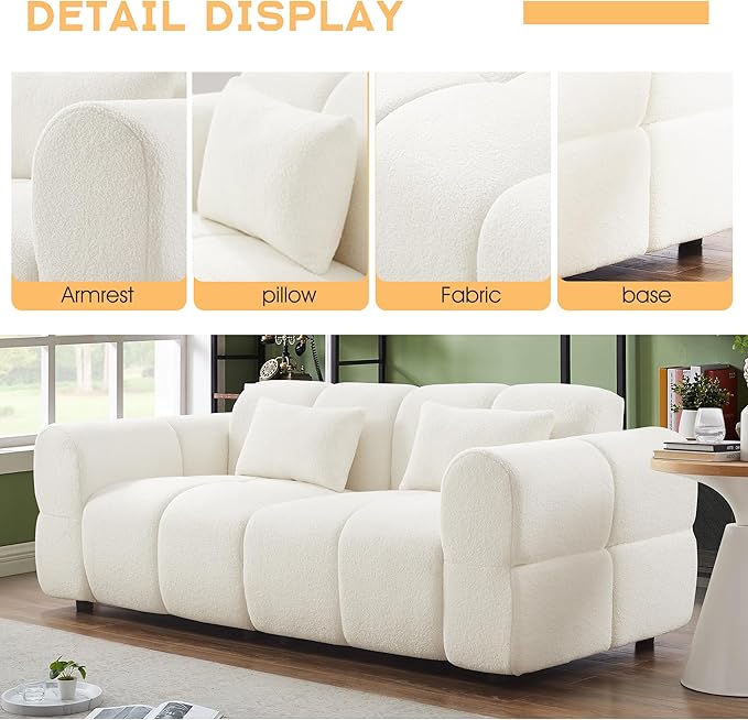 80 Modern Sofa Couch Comfy Deep Seat Teddy Cloud Sofa Upholstered 3-Seater Boucle Couch Oversized Loveseat for Living Room Bedroom Office Apartment(White)