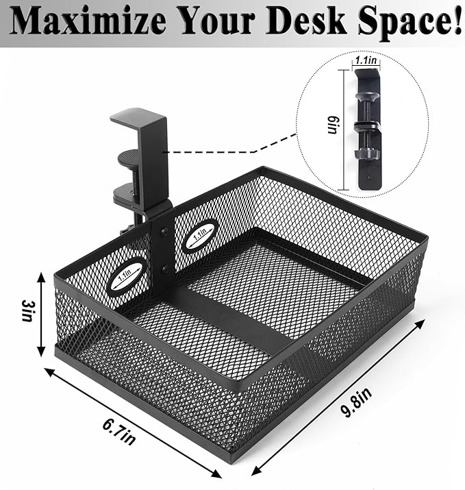 Under Desk Organizer 360° Swivelunder Desk Drawer Clamp-On No Drill InstallationSturdy Mesh Storage Drawer for OfficeDrawing Room and Kitchen RoomArt Supplies and More(Without Cup Holder)