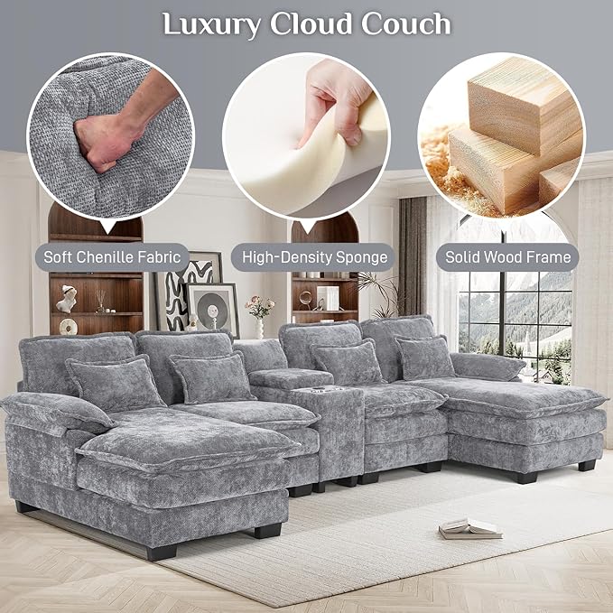132 Oversized U Shaped Cloud Couch Modular Sectional Couches for Living Room Comfy Chenille Deep Seat Sofa Set with Double Chaise Lounge Storage Central Console Cup Holders USB Port Light Grey