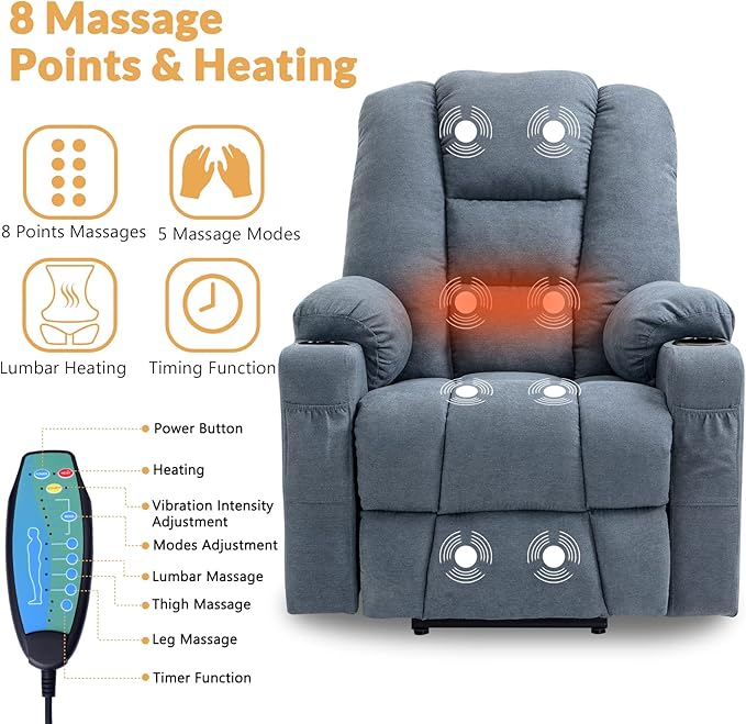 Electric Power Lift Recliner Chair with Heat and Massage Lift Recliner for Elderly Single Sofa recliners for Living Room with Cup Holders 4 Pockets USB Ports Soft Fabric (Gray-Blue)