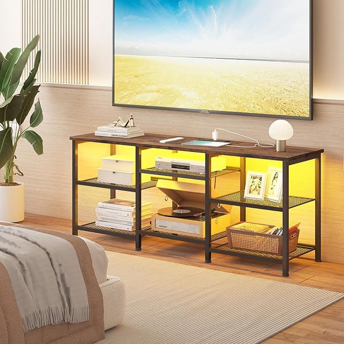YGEOMER TV Stand for TVs Up to 55 Inches Entertainment Center with Power Outlet and LED Lights Open Storage Shelves TV Media Console Table for Living Room and Bedroom Rustic Brown