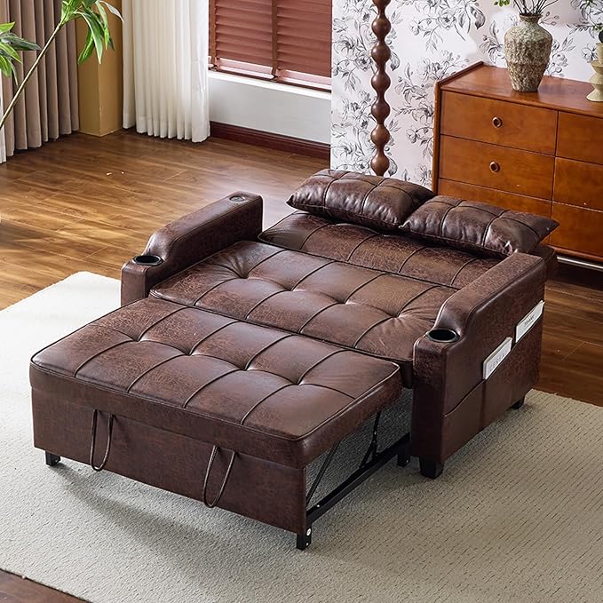 VINGLI Rustic Futon Sofa Bed Convertible Loveseat Sleeper Sofa Couch Pullout Sofa Fold Out Couch Bed with USB Ports Cup Holders Armrest for Living Room Bedroom Apartment Room | Loveseat Sleeper