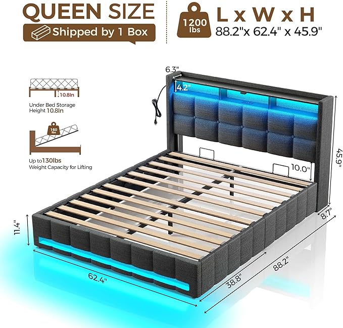Rolanstar Bed Frame Queen Size with Lift Up Storage Charging Station &amp LED Lights Upholstered Storage Headboard Heavy Duty Wooden Slats No Box Spring Needed Noise Free Easy Assembly Dark Gr