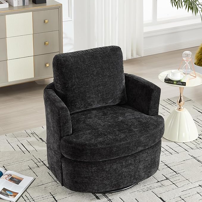 360° Swivel Accent Armchair Chair Swivel Black Round Barrel Chair Upholstered Chenille Accent Chairs for Living Room Bedroom Reading