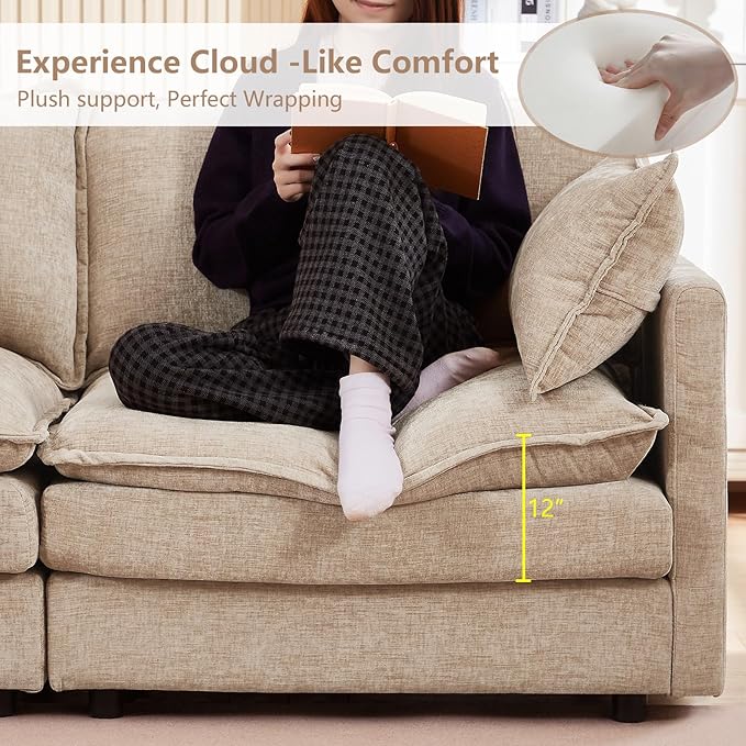 GNIXUU 102 Modular Sectional Sofa L Shaped Cloud Couch with Movable Ottoman &amp 4 Pillows Deep Seat Chenille 4 Seater Sectional Couches for Living Room Apartment (Camel)