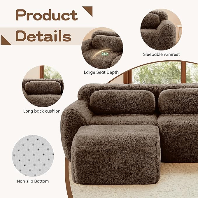 80.4-Inch Boneless Love Seat Couches in a Box Modern 2 Seat Floor Modular Foam Cloud Sofa Faux Fur Loveseat Couch W/Angle Armrests for Home Apartments Bedroom