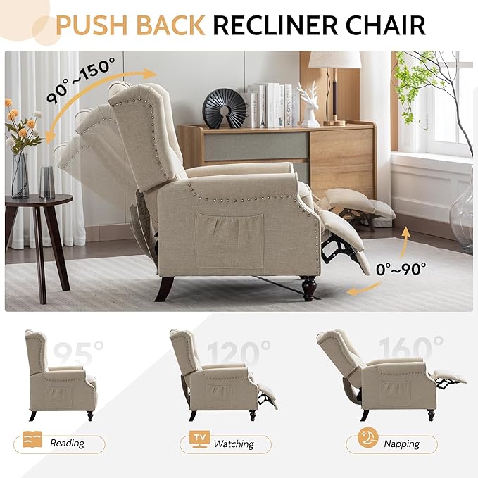 BINGTOO Push Back Recliner Chair with Massage and Heat Mid Century Tufted Fabric Wingback Chair with Rivet Decoration for Living Room Bedroom Beige 2 Chairs
