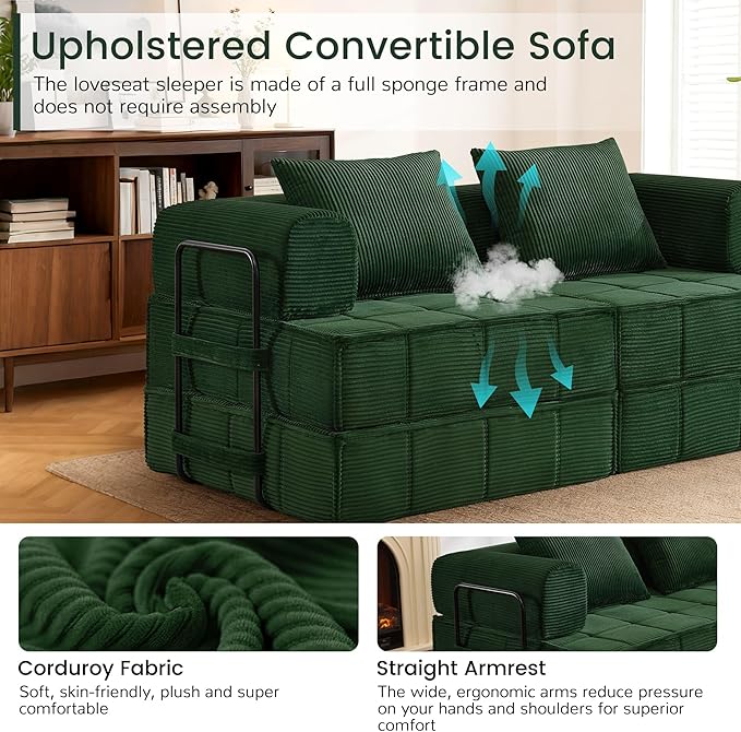 6-in-1 Convertible Sleeper Sofa Bed Corduroy Folding Mattress Couch with Fixed-Shape Frame Modular Foldable Boneless Couch Loveseat Couches with 2 Pillows for Living Room Bedroom Green